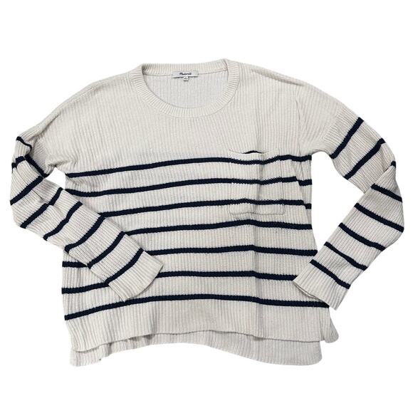 Madewell Nautical Stripe Oversized Pocket Pullover Sweater White Navy, size S - Picture 2 of 8